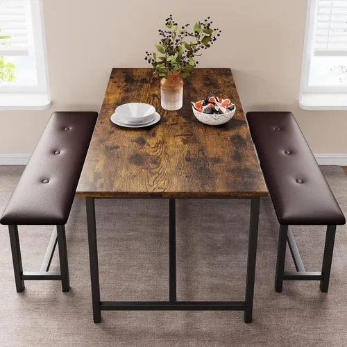 Vista 2 de IDEALHOUSE Juego de mesa de comedor de 3 piezas, mesa de cocina y bancos para 4, juego de mesa de comedor rectangular con 2 bancos tapizados, juego