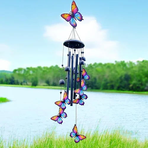 Vista 2 de Campanillas de Viento de Mariposa para Exteriores, Campanillas de Metal Negro al Aire Libre, Regalos de Mariposas para Mujeres/Hombres, Decoración