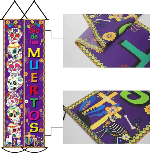 Vista 3 de Juego de 3 pancartas de decoración del Día de los Muertos para fiesta mexicana, decoración del Día de los Muertos, letrero de porche, bandera