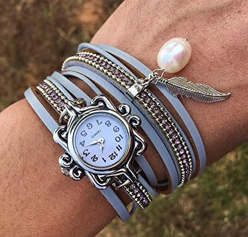 Vista 4 de MINILUJIA Reloj de cuero para mujer, estilo vintage, casual, con plumas, perlas, árbol de deseos, envolvente, con cierre magnético