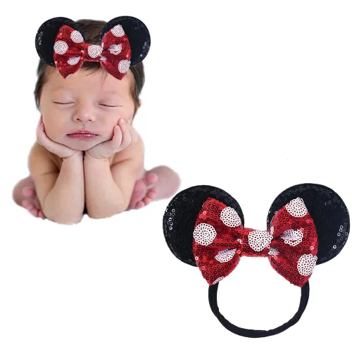 Vista 12 de Diadema de orejas de ratón con lazo de lentejuelas, banda elástica suave para el pelo, diadema de fiesta para bebés, niñas recién nacidas, niños