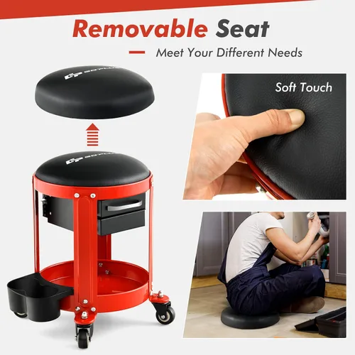 Vista 4 de Goplus - Taburete mecánico con ruedas, asiento tipo enredadera para taller con asiento acolchado removible, 2 cajones, bandeja para herramientas
