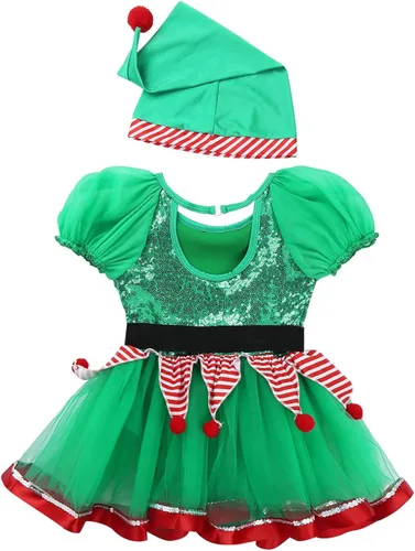 Vista 7 de zdhoor Disfraz de elfo de Navidad para niños y niñas vestido de fiesta de Navidad lentejuelas para cosplay trajes festivos