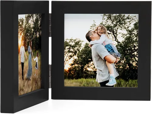 Vista 8 de Marcos de Fotos Dobles 4x4 con Bisagras Plegables en Negro para Colgar en la Pared o Poner en Mesa, Hechos de Madera de Pino con Vidrio Real P-44 *