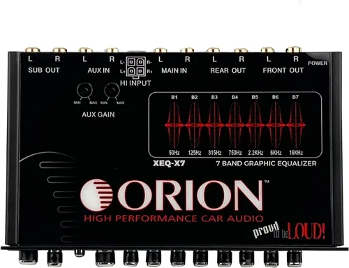 Vista 2 de Orion XEQ-X7 ecualizador gráfico de 7 bandas con entrada AUX frontal de 3.5mm – EQ de audio para auto de medio DIN con control de subwoofer