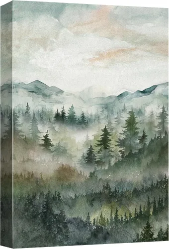 Vista 18 de SIGNWIN Lienzo impreso para pared, diseño de bosque y guardería, cabaña de troncos, invierno, nieve, montaña, bosque, ilustraciones de naturaleza