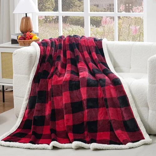 Vista 15 de PU MEI Manta Sherpa Individual a Cuadros Gruesa para Cama, 60"*80" Franela Súper Suave Difusa Forro Polar Reversible Terciopelo Afelpado Manta