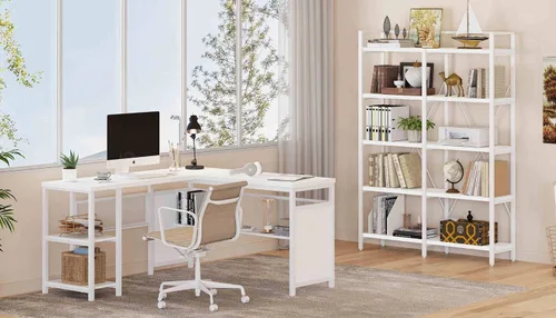 Vista 9 de FATORRI Estanterías y estanterías, estantería de metal de madera de 5 niveles de alto, estantería moderna de 51 pulgadas de ancho para oficina
