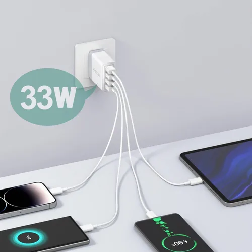 Vista 2 de Cargador USB, Bloque de Carga de Pared USBA de 4 Puertos, Adaptador de Enchufe de Carga Rápida QC 3.0 Compatible con iPhone 12/13/14/15/XS/XS 1