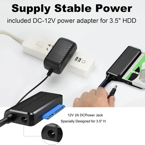 Vista 5 de Cable SATA a USB 3.0 a 2.5 Adaptador de disco duro de 3.5 pulgadas, convertidor externo para transferencia de datos SSD/HDD, con fuente