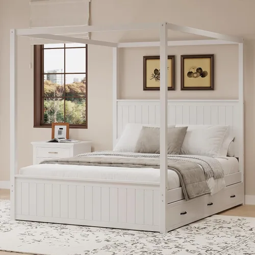 Vista 22 de VilroCaz Cama moderna de plataforma con dosel de tamaño Queen con cabecera capitoné de canal de tapicería, base de cama de metal con 4 carteles