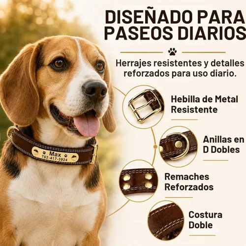 Vista 4 de Collar de cuero para perro personalizado con placa de nombre grabable - Collar con etiqueta de identificación duradera - Collar para perro