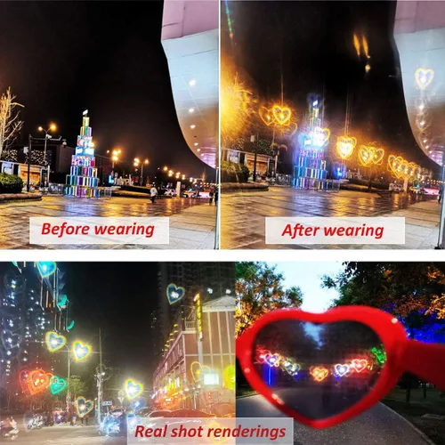 Vista 6 de Gafas de sol con efecto de corazón, lentes de difracción para festivales, fiestas, rave, accesorios de luz, gafas de corazón, protección UV400