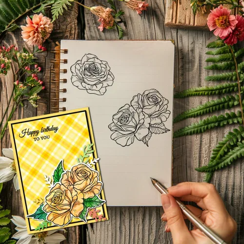 Vista 2 de GLOBLELAND Sellos transparentes con diseño de rosas y hojas para hacer tarjetas, estampado floral de fondo floral y hojas de silicona, sello