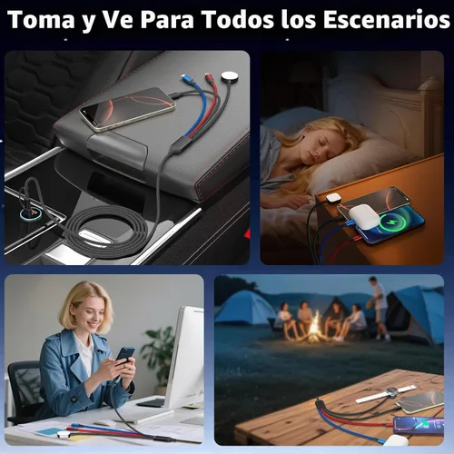 Vista 5 de Cruise Essentials Cable de Carga 4 en 2 para Cargador Apple iWatch/iPhone 17/Lightning/Micro, Cable Cord de Carga Múltiple de Viaje Compatible