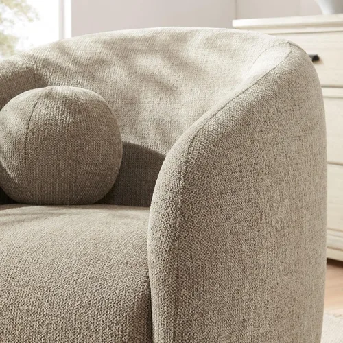 Vista 5 de Modway Holland - Sillón giratorio curvado en color gris pardo – Silla de barril de tela de chenilla con almohada de bola y base de madera – Silla