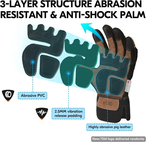 Vista 5 de Vgo... Winter Work Gloves Men,Leather Work Gloves,Anti-vibration,Mechanics Gloves,Abrasion Resistance