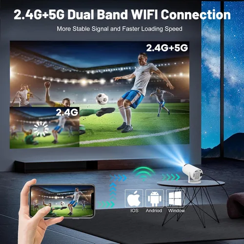 Vista 5 de FEARWIKY Mini proyector con WIFI 5G y Bluetooth, soporte 4K 1080P Proyector portátil giratorio de 180° Proyector de película de pantalla de 130