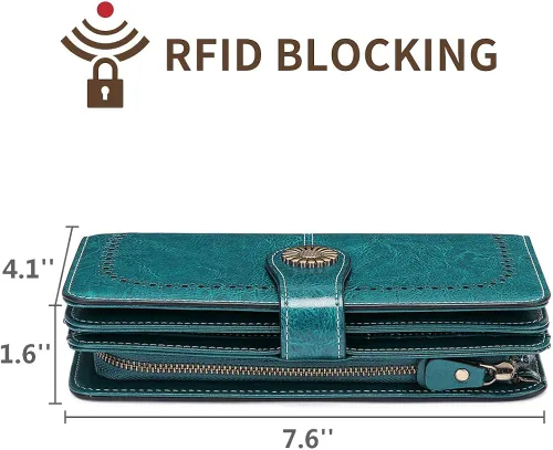 Vista 4 de SENDEFN - Billeteras de cuero genuino para mujer con tarjetero y bloqueo RFID, de gran capacidad y con correa para la muñeca