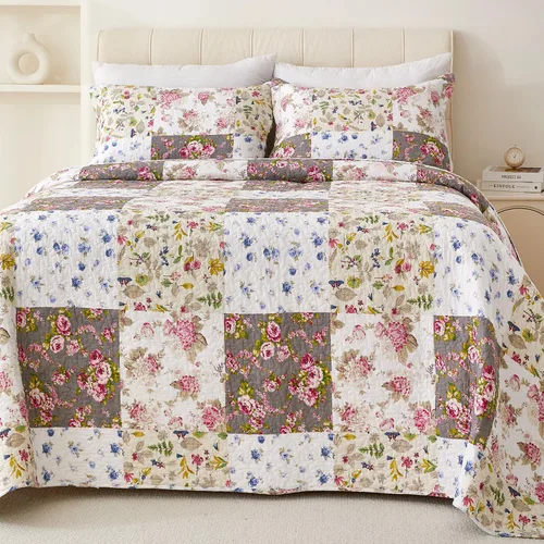 Vista 7 de EVENHUG Juego de Edredón de Retazos de 100% Algodón Tamaño Queen Ligero Floral Edredones Queen Juego de Ropa de Cama Colcha Cubrecama Cubierta