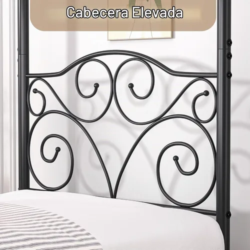 Vista 5 de VECELO Base de cama con dosel de metal, tamaño individual, base de colchón con plataforma de 4 pósteres con cabecero, soporte de listones de acero