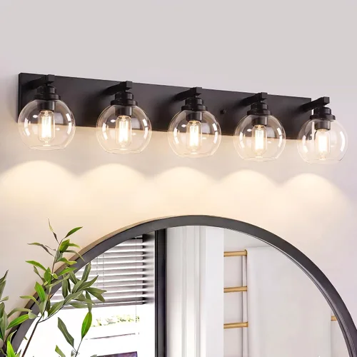 Vista 11 de LmnLvn Lámparas de baño, 3 luces de tocador de color negro mate, modernas lámparas de baño sobre espejo, luces de tocador de granja con pantalla