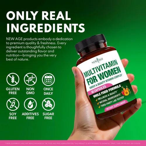 Vista 7 de NEW AGE Multivitamínico para mujer, complejo B, alimentos integrales, soporte para el cabello, hierro, multivitamínico todo en 1 para mujer