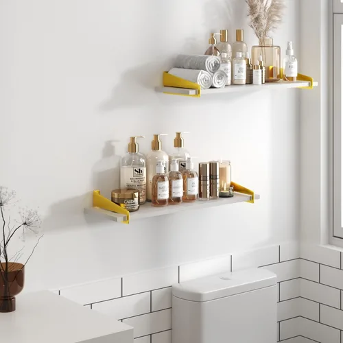 Vista 2 de upsimples Estantes de pared para decoración, estantes flotantes largos de oro blanco para montar en la pared, estantes de madera rústica resistentes
