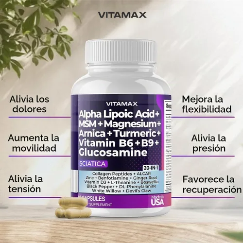 Vista 3 de Apoyo para la salud del nervio ciático - Suplemento para el nervio ciático en cápsulas con ácido fólico, guisante, glucosamina, MSM, complejo