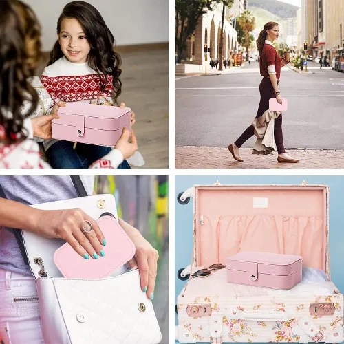 Vista 5 de XMJXBOX Caja organizadora de joyas de 3 capas de piel sintética para mujeres, niñas, estuche de almacenamiento impermeable para collares, anillos