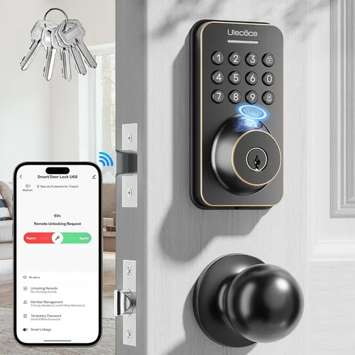 Vista 11 de Cerrojo de puerta de entrada sin llave Ulecoce con mango - WiFi incorporado, huella digital, control de aplicación y timbre, teclado electrónico