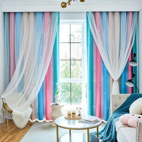 Vista 13 de Loyala Cortinas opacas de doble capa con diseño de estrellas para dormitorio de niños, bonitas, 63 pulgadas de largo, juego de 2 paneles, beige, 42