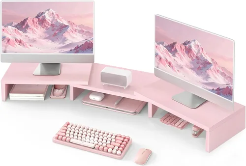 Vista 12 de TAVR - Soporte para monitor doble, organizador de escritorio de oficina para 2 monitores, longitud y ángulo ajustables, 3 estantes, soporte