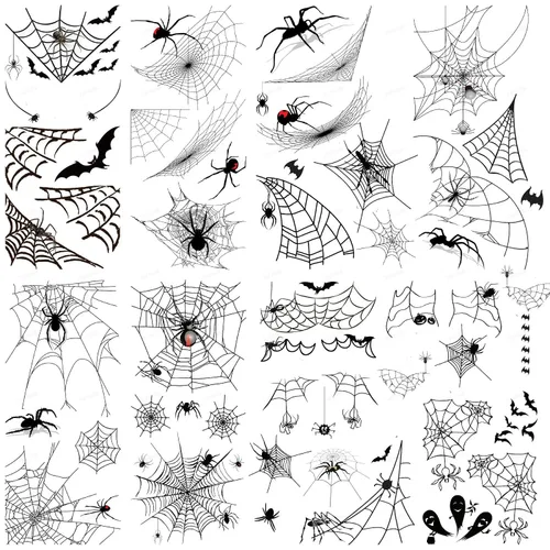Vista 5 de 9 hojas de tatuajes temporales de telaraña 3D para Halloween, kit de maquillaje para mujeres y adultos, diseño realista de bruja murciélago zombi