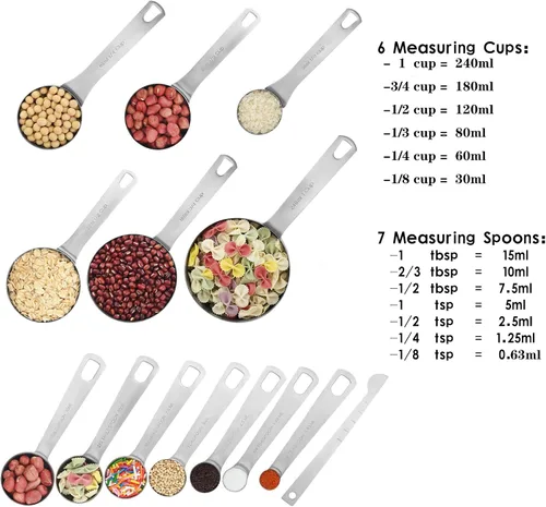 Vista 2 de Juego de tazas y cucharas medidoras, juego de tazas y cucharas medidoras de acero inoxidable 18/8, taza métrica y estadounidense 6 medida y cuchara
