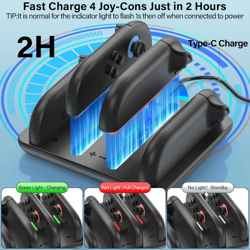 Vista 4 de Switch 2 JoyCon Cargador para Nintendo Switch 2 Joy Con - Base de carga 4 en 1 para Joy-Con 2 controladores, interruptor de carga rápida 2H 2