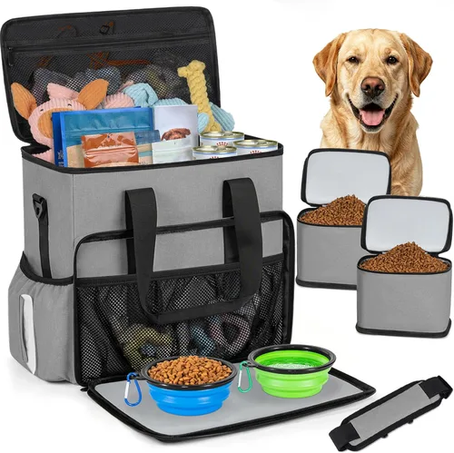 Vista 8 de TORIBIO Bolsa de viaje grande para perros para suministros con cuenco de Gris