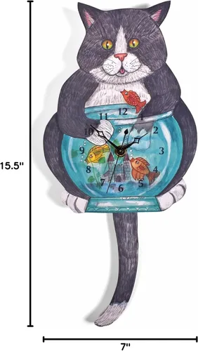 Vista 4 de Reloj de pared con péndulo de gato con pez por Laughing Moon, hecho a mano en los Estados Unidos
