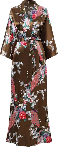 Vista 24 de BABEYOND Bata tipo kimono para mujer, bata larga de satén con estampado de pavo real y flores Verde