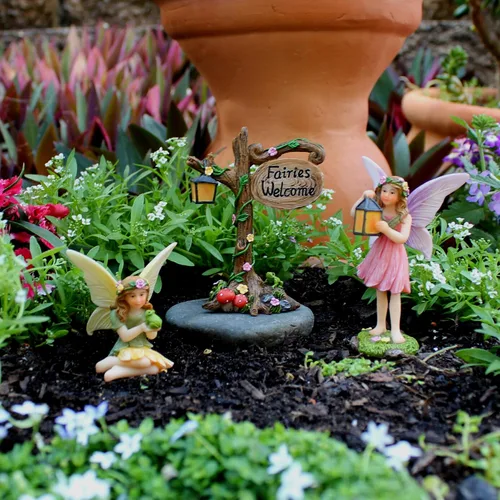 Vista 3 de PRETMANNS Fairies for Fairy Garden - Lindos accesorios para un jardín en miniatura al aire libre con figuras y un letrero - Suministros coloridos