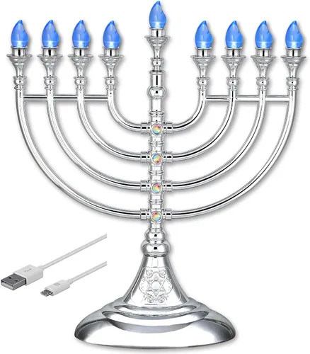 Vista 5 de Menorá eléctrica tradicional de Hanukkah con LED alimentada por batería o USB Chanukiah - incluye cable Micro USB de 4 pies, velas electrónicas