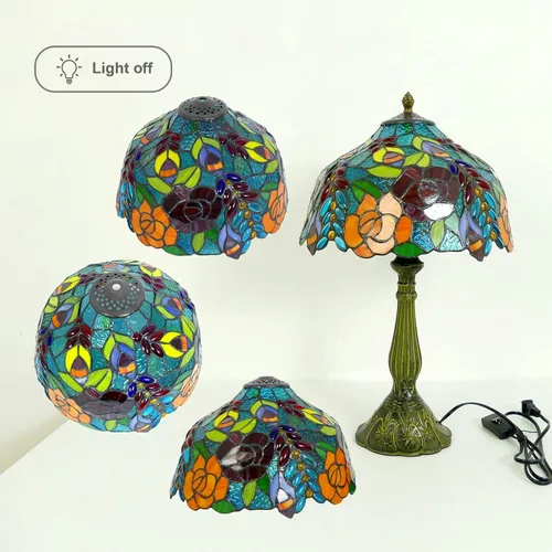 Vista 3 de Tiffany - Lámpara de mesa estilo rosas multicolor, lámpara de mesa con vitrales de 12 pulgadas de alto de 19 pulgadas, mesita de noche, mesita