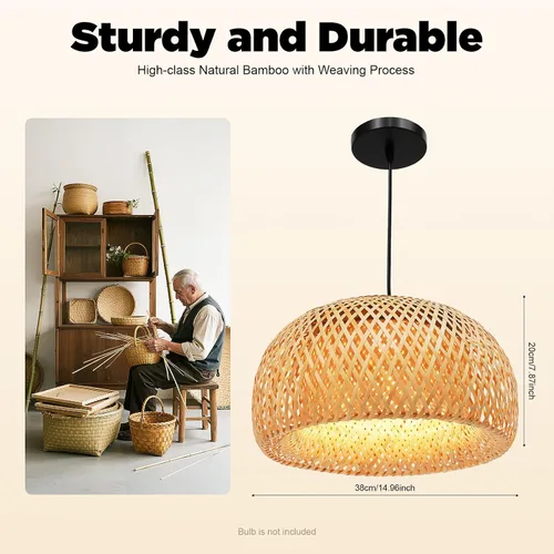 Vista 2 de Lámpara colgante de bambú tejida a mano, lámpara de ratán de una sola luz, tejido de madera natural, accesorio colgante de techo con cable ajustable
