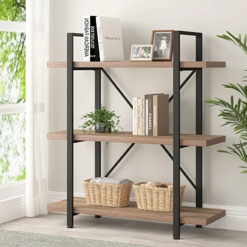 Vista 17 de HSH - Estantería de 3 niveles en negro, estanterías de almacenamiento pequeñas de metal y madera industriales, estanterías modernas abiertas de 3
