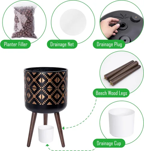 Vista 4 de D'vine Dev Maceta de 12 pulgadas con soporte, maceta alta de mediados de siglo con patas para plantas de interior, bronce/negro, 88-G-C-6