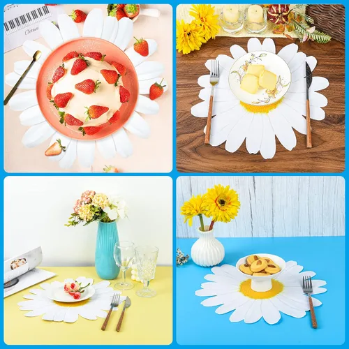 Vista 5 de 50 manteles individuales de papel desechables con diseño floral de margaritas con recortes en forma de flor