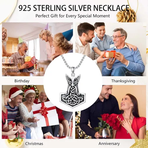 Vista 7 de Collar vikingo para hombre, plata de ley 925, lobo vikingo, martillo de Thors, vegvisir, árbol de la vida, brújula, colgante nórdico, amuleto