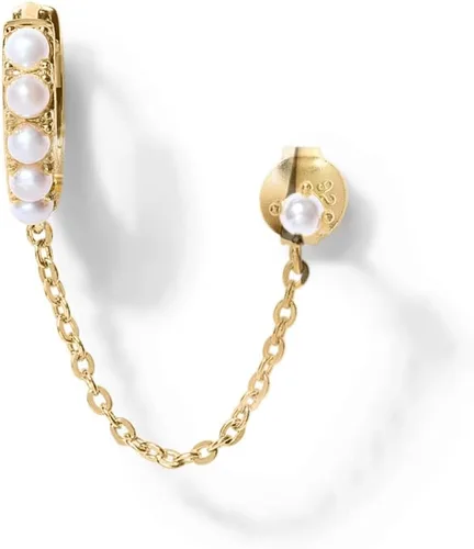 Vista 3 de PAVOI Aretes de cadena de oro de 14 quilates para mujer Aretes de aro de doble piercing Aretes de aro de perlas de circonita cúbica para mujer