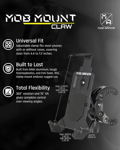 Vista 3 de Mob Armor Pinza de montaje, aluminio de grado aeronáutico, rotación 360, liberación rápida, compatible con iPhone 6 a 14, Samsung Galaxy S3 a Note 7
