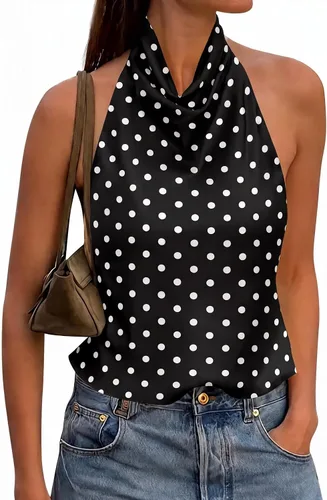 Vista 11 de Cicy Bell Camiseta de satén con cuello halter para mujer, sin espalda, Y2K Amarillo